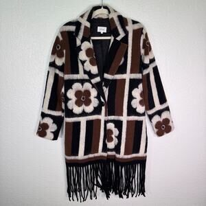 R G Kane Coat Women Small Floral Grid Fringe Long Jacket Boho Art to Wear Artsy